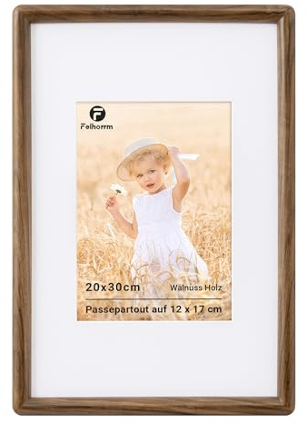 Feihorrm Walnuss Bilderrahmen 20x30, mit Passepartout für 12x17 Fotos
