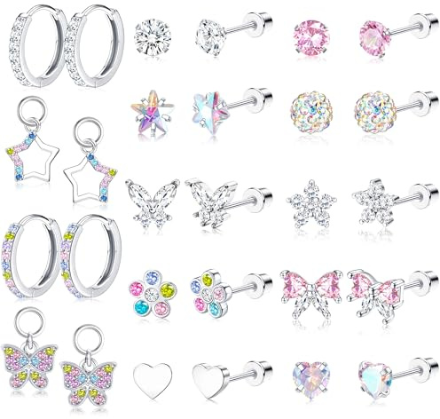 FIOROYAL 14 Paar Ohrringe für Mädchen Damen Hypoallergen Chirurgenstahl Medizinische Ohrring Creolen Ohrstecker Schraubverschluss Set Herz Schmetterling Blume Stern-Piercing Ohr für Kinder
