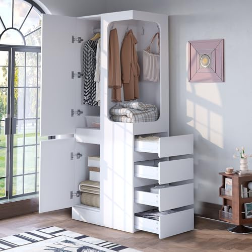 Lexiou Armario de ropa 70 x 40 x 170 cm, con cajones y compartimentos de almacenamiento, espacio abierto para ropa, puerta única (blanco)