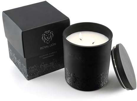 ROYAL LION Duftkerze im Glas mit Holzdeckel - 100% Natürliche Sojawachs Kerze, Handgegossen, Groß, 300g, 75h Brenndauer - Aromatherapie (Amber)