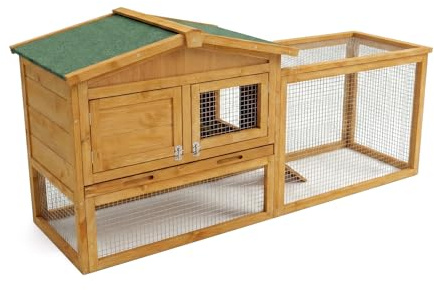 Wooden Rabbit Hutch Indoor and Outdoor, Rabbit Cage with Removable Wire Netting and Leak Proof Tray, Weatherproof Bunny Cage with Anti-Chew Metal Frame Ramp for Small Animals Natural