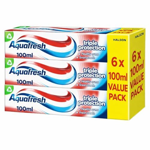 6 x 100ml Aquafresh Triple Protection Toothpaste – Fluoride Toothpaste for Strong Teeth, Healthy Gums & Fresh Breath – Everyday Family Oral Care