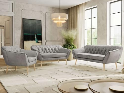 MKS MEBLE Sofagarnitur PIRS 3 + 2 + 1 - Couchgarnitur im skandinavischen Design, Gesteppte Polsterung, Wellenfederung, Wohnzimmer Sofa Set - Buche Beine, Hellgrau Velvet