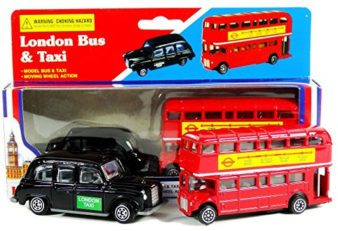 Diecast Genuine London Bus and London Taxi Set (Mini) Souvenir - Moving Wheel Action - Sightseeing - Hop On Hop Off - Toy - 5 Passenger Cab - Hackney Cab - London Souvenir