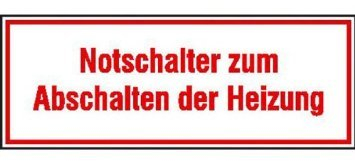 Indigos UG Aufkleber - Notschalter zum Abschalten der Heizung - 8x3 cm - selbstklebender Sicherheits Aufkleber für Tür oder Wand - Warnschild für Gebäude, Hotel, Büro, Firma, Haus, Praxis