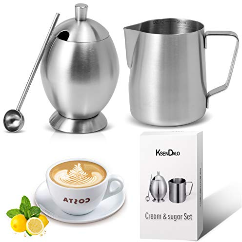 KSENDALO 12oz Stainless Steel Milk Jug and Sugar Bowl Set Ideal for Coffee, Latte, Tea and Froth