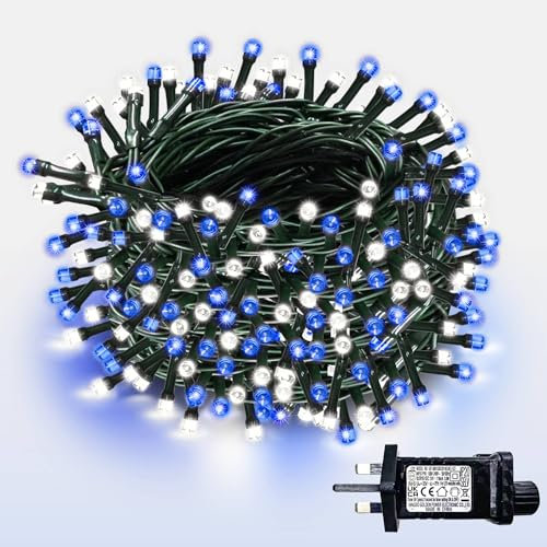 WISD Christmas Tree Lights - 200 LED 13M Xmas Fairy Lights on Green Cable with Timer and Memory - Indoor Outdoor String Lights Mains Powered for Garden Bedroom Party Decoration (Blue + White)