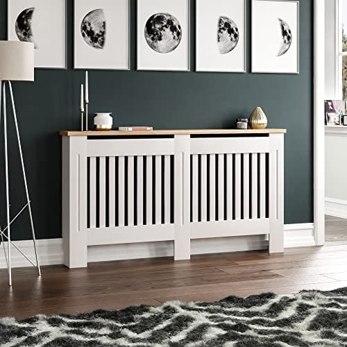 Vida Designs Funda de radiador Arlington moderna de MDF pintada en blanco, listones, parrilla, estante superior de madera, grande (alto: 83,3, ancho: 152, profundidad: 19 cm)