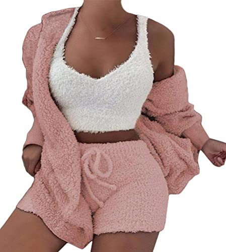 Minetom Femmes Filles Ensemble de Trois Pieces Pyjamas Chaud Corail Velours Vêtements de Nuit Doux Veste Sweat à Capuche Débardeur Shorts Rose 36