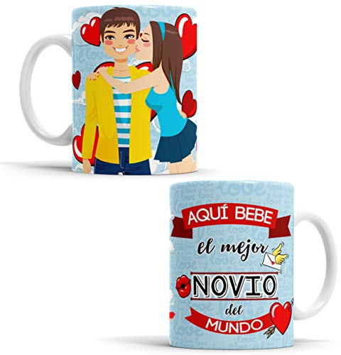 OyC Original y Creativo Taza Novio - Taza Aquí Bebe El Mejor Novio del Mundo/Taza de café Regalo para la Pareja de Enamorados/Taza con Frase y Dibujo (Novio)