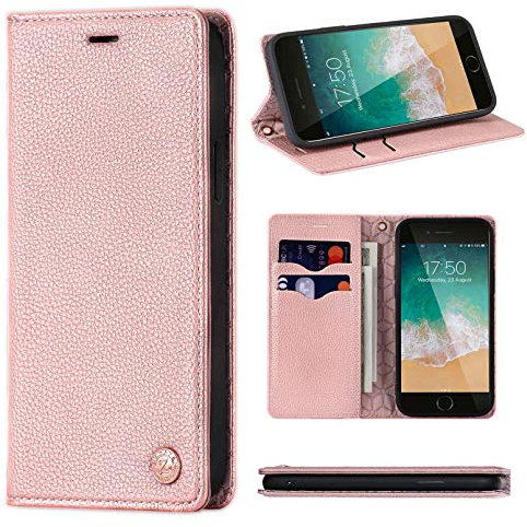 ZCDAYE Hülle für iPhone 7 Plus iPhone 8 Plus Handyhülle,Handytasche Stark Magnetische Hochwertige Lederhülle [Litschi-Muster][Standfunktion][Kartenfächer] Flip Case iPhone 7 Plus/8 Plus,Roségold