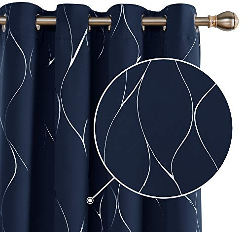 Deconovo Thermal Insulated Blackout Curtains - Silver Wave Line Foil Printed Eyelet Baby Nursery Curtains for Kids Bedroom - Navy Blue W55 x L95 One Pair