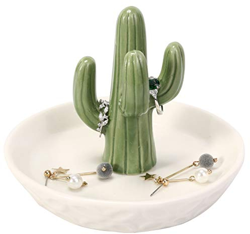 HOME SMILE Porte-bague cactus en céramique avec plat blanc décoratif pour bijoux, cadeaux de Noël et d'anniversaire pour femme