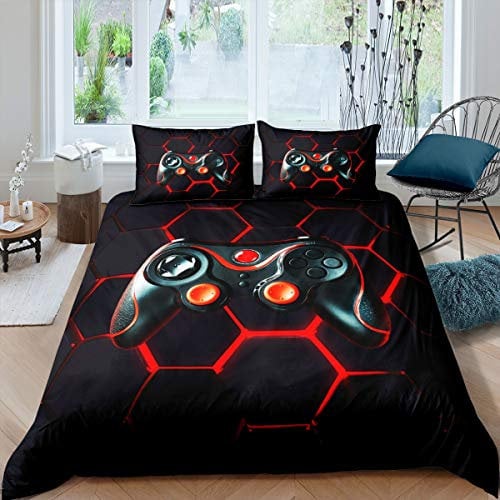 Gamer Duvet Cover Set Boys Teens Video Game Gaming Bedding Set Geometric Honeycomb Hexagon Comforter Cover Console Game Controller Quilt Cover Room Decor 3Pcs Double Size,Black,Red