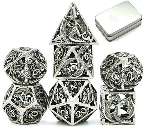 World of Dice Nidhöggr - Edel Würfel für alle Pen & Paper RPG, Metallwürfel mit Drachen, 7-teiliges Würfelset, inkl. Etui (mit Aluminium-Etui, Silver)