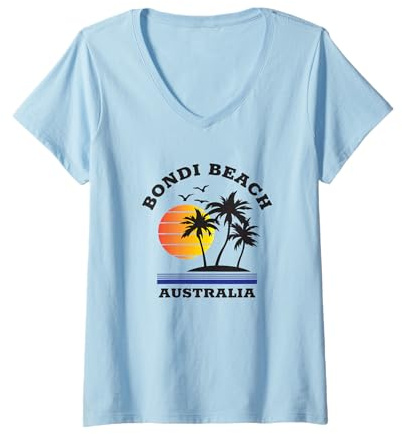 Damen Fun Bondi Beach Australien Strand Sonnenuntergang Männer Frauen Neuheit Kunst T-Shirt mit V-Ausschnitt