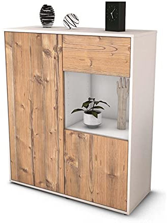 Stil.Zeit Highboard Larina, Korpus Weiss matt, Front Holz-Design Pinie (92x108x35cm), Push-to-Open Technik & Leichtlaufschienen