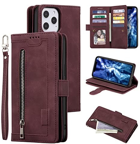 UEEBAI Wallet Case for iPhone 12 Pro Max 6.7 inch, Retro 9 Card Holder Slots Zipper Pocket Handbag Case PU Leather Magnetic Closure Kickstand with Wrist Strap TPU Shockproof folio Case - Wine Red