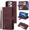UEEBAI Wallet Case for iPhone 12 Pro Max 6.7 inch, Retro 9 Card Holder Slots Zipper Pocket Handbag Case PU Leather Magnetic Closure Kickstand with Wrist Strap TPU Shockproof folio Case - Wine Red