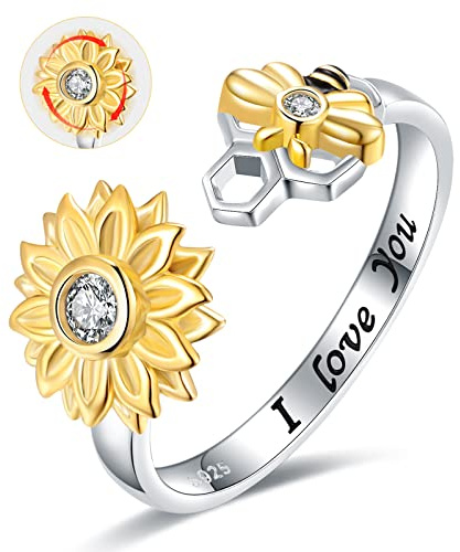 Silberner Spinner Sonnenblumen-Bienenring – 925er Sterlingsilber, verstellbar, Fidget-Angstzustände, Hummel mit Sonnenblumen-Schmuckring für Frauen, zierliche You Are My Sunshine Blume
