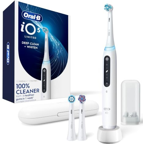 Oral-B Rechargeable Electric Toothbrush, iO5 Limited Deep Clean & Whiten, 5 Cleaning Modes, Visual Pressure Sensor to Protect Gums, Travel Case, 3 Brush Heads, White