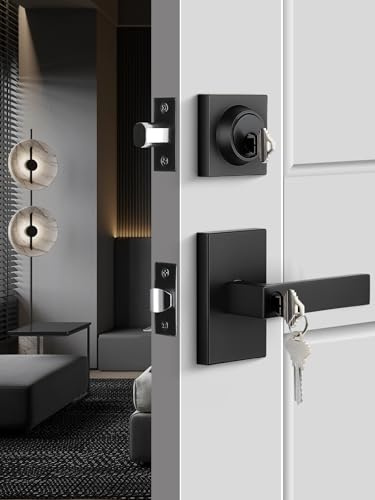 Goldenwarm Black Exterior Door Lock Set, Front Door Lock Set with Deadbolt, Square Contemporary Matte Black Front Door Lock Sets, Heavy Duty Zinc-alloyed Exterior Door Handle (1 Pack)