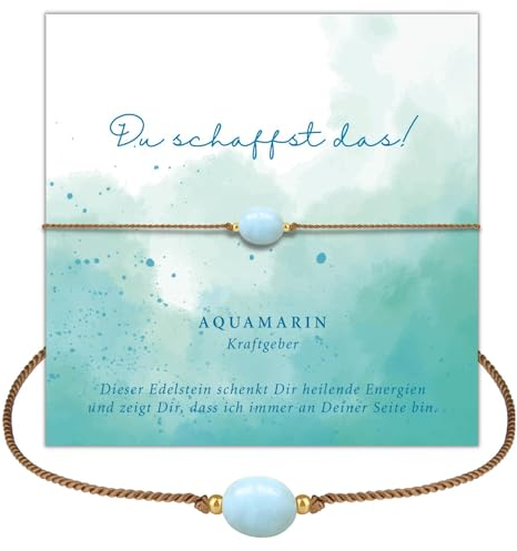 happymaker - Edelstein Armband Aquamarin Damen, handgefertigt in Deutschland, Armband mit Goldperlen und Geschenkverpackung, Mutmacher und Motivations Geschenk, Geburtsstein Fisch