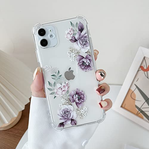 DEFBSC Compatible with iPhone 12 Case, Clear Floral Flower Pattern Print Design for Girls Women Flexible Shockproof Soft TPU Bumper Protective Flower Phone Case - Purple Peony