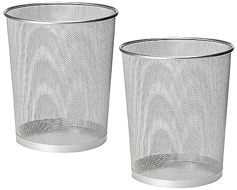 2 UR DOOR Metal Mesh Waste Basket Round Trash Bin For Kitchen, Bathroom, Bedroom - 27x23.5x23.5cm - Office Garbage Bin, Teenagers Room and Dorm Accessories, Lightweight Rubbish Can (Silver2)