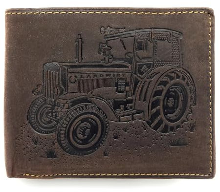 Lemasi echt Büffel Voll-Leder Geldbörse für Männer, naturbelassenes Hunterleder Portemonnaie Traktor mit RFID NFC Schutz (Landwirt Dunkelbraun quer)