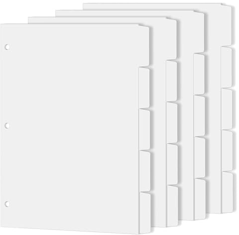 Binder Dividers for 3 Ring Binder, 1/5 Cut Tabs, Letter Size, Blank Write On Page Dividers with 5 Big Tabs for School Office Home, 4 Sets, 20 Dividers, White