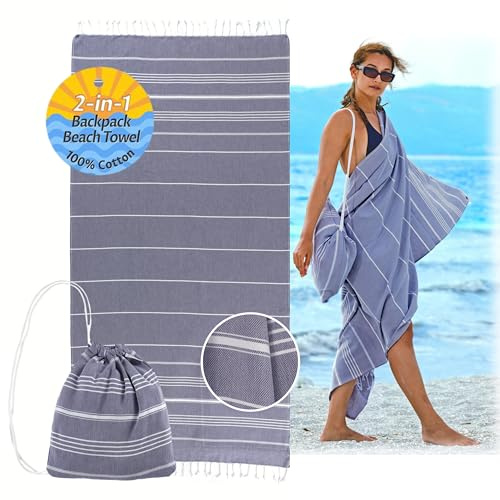 CalmyBEACH 2in1 Hamamtuch Rucksack Strandtuch Badetuch, 180x90, Blau