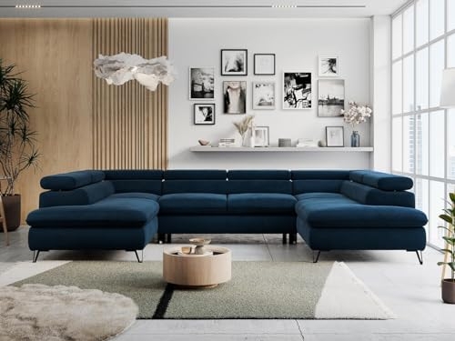 MKS MEBLE Sofa U-Form Blau, Wohnlandschaft U-Form, Sofa mit Schlaffunktion und Bettkasten, Schlafsofa mit Bettkasten, Couch mit Verstellbare Kopfstützen - Peter U - Dunkelblau Velvet Hydrophob