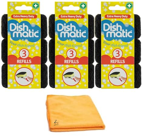 Zopper 9 x Extra Heavy Duty Refill Black - Fillable Washing-Up Sponge With Microfiber Cloth Replaceable Sponge Head Refills Scourer Washing or Kitchen and Bathroom