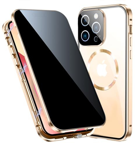 TOPF&B Magnetic Case for iPhone 14 Pro Privacy Cover,360 Degree Full Cover Built-in Privacy Screen Protector and Camera Protector[Compatible MagSafe],Metal Bumper Case for iPhone 14 Pro,Gold