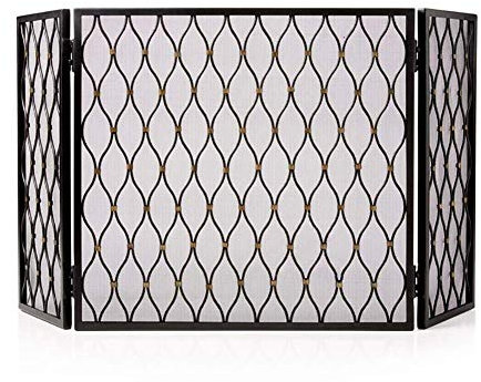 YhOuuA Funkenschutz für Kamine? 3-Panel-Kaminschutz aus Schmiedeeisen, Metalldekornetz für das Wohnzimmer, Schutzabdeckung, Schwarz, 31 × 56 Zoll