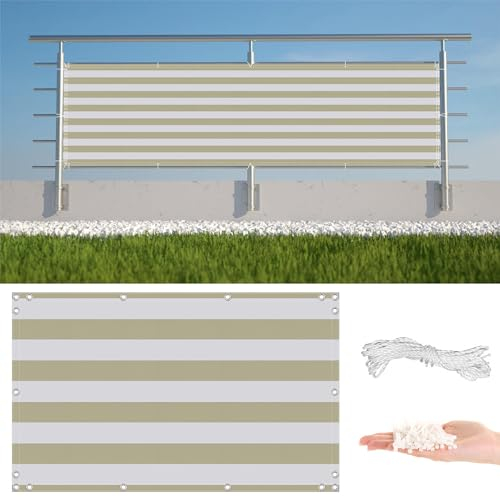 AYLFBFU Balkon Sichtschutz 1.1 x 8m, Wetterbeständiges, 600D HDPE Oxford-Stoff, Ohne Bohren - mit Ösen - Balkonbespannung für Balkongeländer, Hellgelb Gestreift