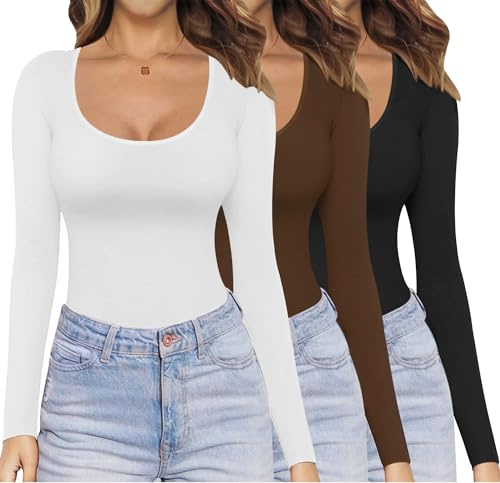Ekouaer Sexy Long Sleeve Tops Women 3 Pack Stretch Fitted Thermal Top Fall Thermal Shirt Black/Brown/White XS