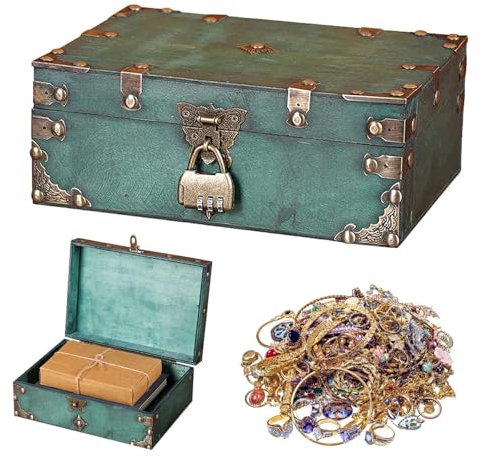 Afenau Vintage Holz Schatztruhe Groß, 24 * 17 * 9.5cm Chatztruhe mit Zahlenschloss,Holz Aufbewahrung Schatzkiste,Aufbewahrungsbox Holz für Dekoration,Schatztruhe Mit Schloss Dekorieren Geschenke