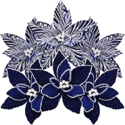 Sea Team 6-Pack Artificial Christmas Flower Ornaments, Flocked Fabric Poinsettia Set, Floral Decorations for Christmas Tree, Wreath, Garland, 10-Inch, Royal Blue