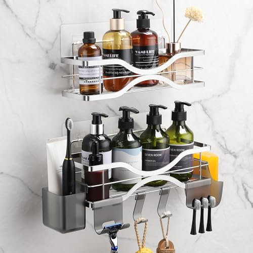 ALOCEO Duschregal ohne bohren Silber 2 Stück mit 6 Haken, Edelstahl Badezimmer Regal für Shampoo Duschgel