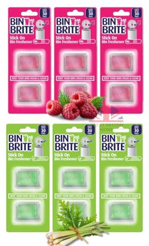 Bin Brite Stick On Bin Freshener Pack of 6 - 3 x Each Berry Blast and Citronella & Lemongrass Scents - 2 x 5g Each Pack - Total of 12 Stick On Bin Freshener and Odour Eliminator