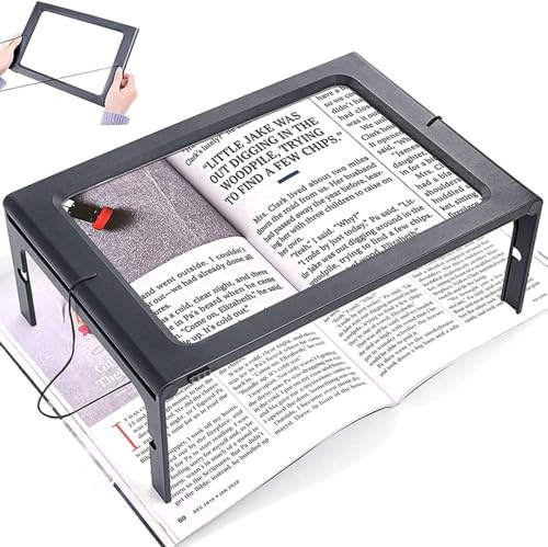 Vergrößerungsglas, USB A4 Vollseitig Lupe, 3X Lesehilfe Linse Faltbarer Ständer Hands frei Leselupe mit 12 Anti-Blende Dimmbare LED zum Lesen Kleiner Drucke, Buch, Low Vision Senioren