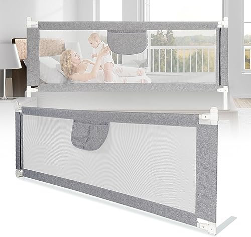 Ollewiellan Bettgitter 200cm, Bettgitter Rausfallschutz Höhenverstellbar 64-96cm, Bettschutzgitter Kinderbettgitter mit Luftiges Netz für Kinder & Elternbetten, Stabile, Grau