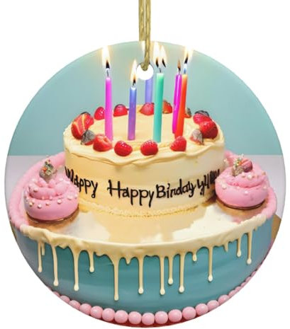 Happy Birthday Big Cake Print Albero di Natale in ceramica, decorazione da appendere per casa, feste, vacanze, decorazioni