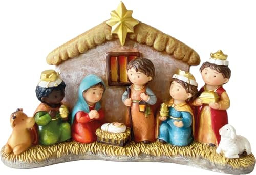 MaMeMi Krippenblock mit STALL – NIEDLICHE KRIPPENFIGUREN für Kinder [13x21 cm] – Weihnachtskrippe für Kinderzimmer & Vorweihnachtszeit