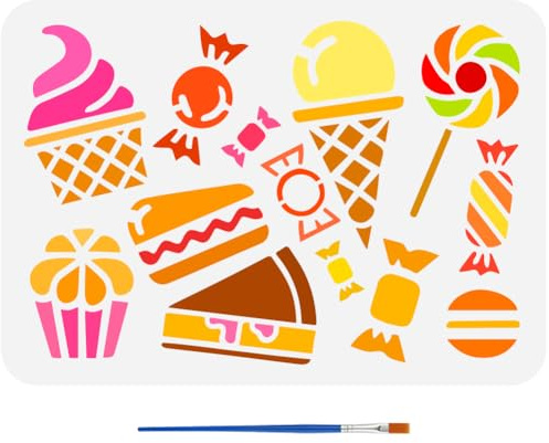 FINGERINSPIRE Desserts Stencils with a Paint Brush 29.7x21cm Candy Lollipops Stencils Cake Ice Cream Pattern Stencil Macarons Painting Stencil Daily Themes Desserts Template for DIY Crafts