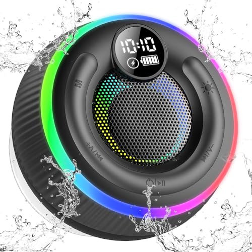 Portable Bluetooth Speaker, Bluetooth 5.3 Wireless Speakers with RGB Lights, HD Surround Stereo Sound, Built-in Mic, IP7 Waterproof Speakers with Time Display, for Party, Shower, Outdoors Sport, Black