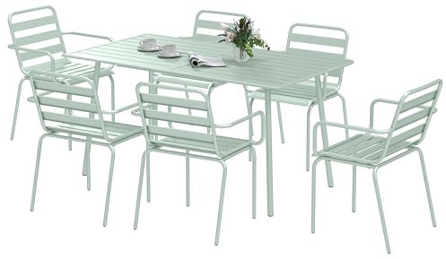 Outsunny Salon de Jardin extérieur Ensemble Salle à Manger de Jardin 7 pièces avec 1 Table et 6 chaises empilables en Acier Vert Clair