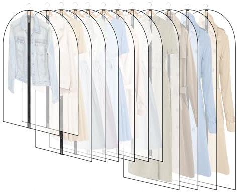 12 Pack Breathable Garment Bags with Zip, Waterproof & Dustproof Clothes Covers for Wardrobe, Moth-Proof Suit Bags, Translucent Dress Protector, Anti-Mite Coat Covers for Storage & Travel (Black edge)